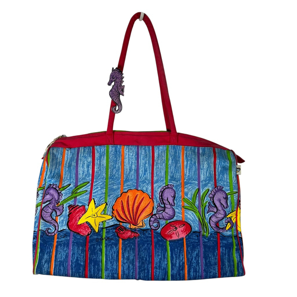 SALLY HUSS Colorful Sea Life Striped Print Bag Tote Large Weekender Duffel Charm - Picture 1 of 14
